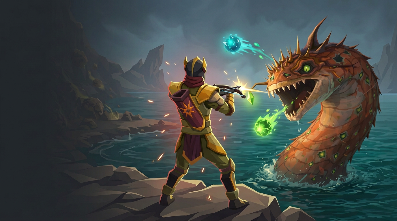 An OSRS adventurer in gold Masori armour firing a crossbow at the Leviathan during a coastal boss fight