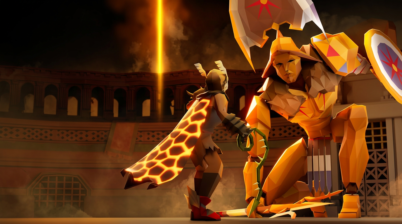An OSRS adventurer in an Infernal cape facing Sol Heredit in the Fortis Colosseum